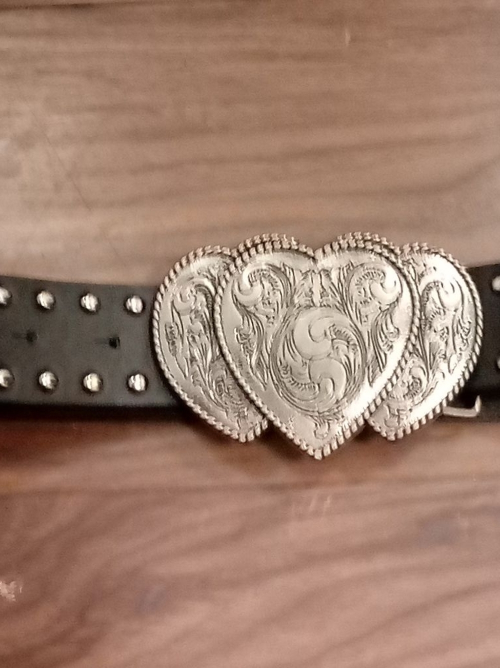 Decorative Black Studded Belt with Triple Heart Silver Buckle
